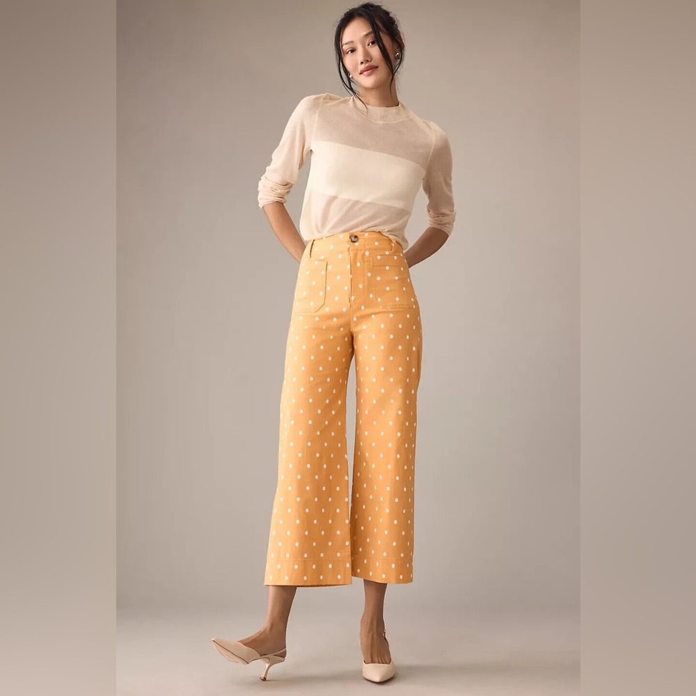 NWT Anthropologie Maeve The Colette Cropped Wide-Leg Pants Sz 24P Gold Polka Dot